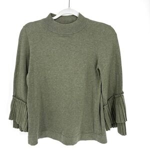 Loft Tiered Ruffle Sleeve Sweater Small Olive Green Lightweight Boho Mock Neck